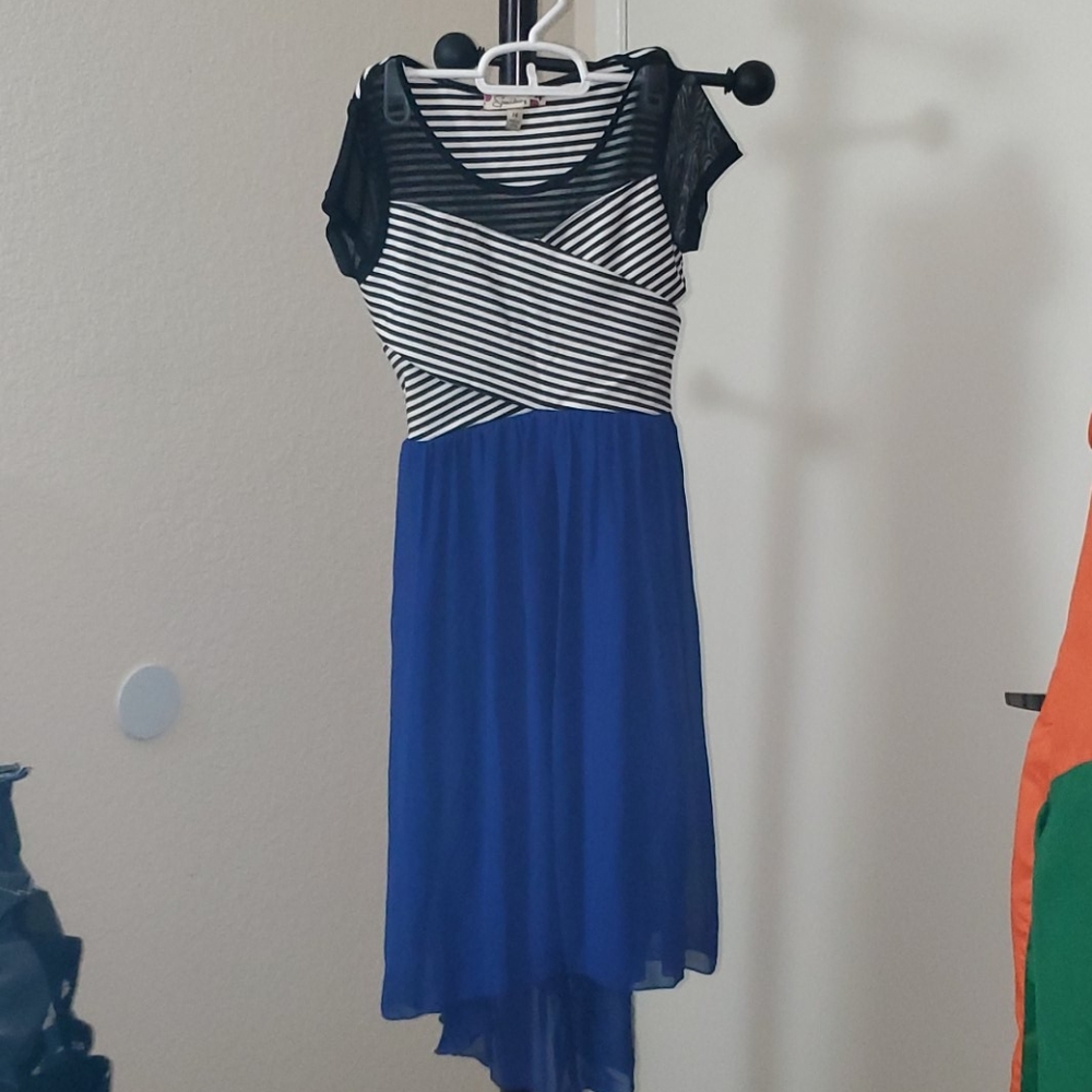 Black/white striped with black mesh and blue dress